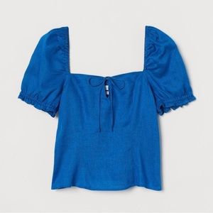 H&M Blue Linen Smocked Puff Sleeve Top- 100% Linen